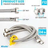 Klabb 24 inches Stainless Steel Line Connects Kitchen Sink to Water Supply, Braided Faucet Connector with 1/2 in x 3/8 in Brass Nut(2 Pack)